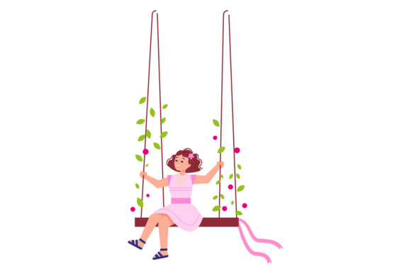 Girl on Decorative Swing with Flowers Graphics